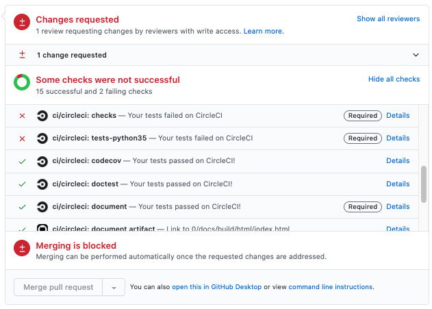 GitHub上のプルリクエストのページから確認できる画面。CIが報告する典型的なエラーが示されています。`checks` にはコードのフォーマットや型ヒントのチェックが含まれており、通常は簡単に対処することができます。