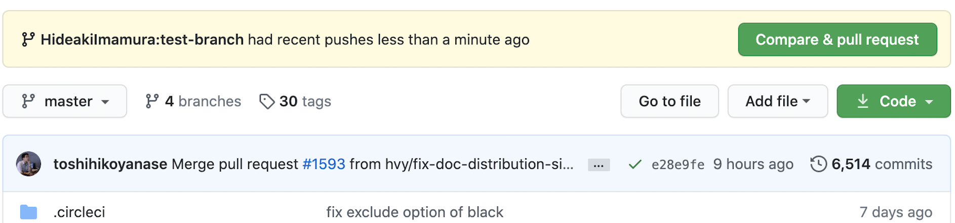 変更をpushした直後のOptunaのGitHubページの例。